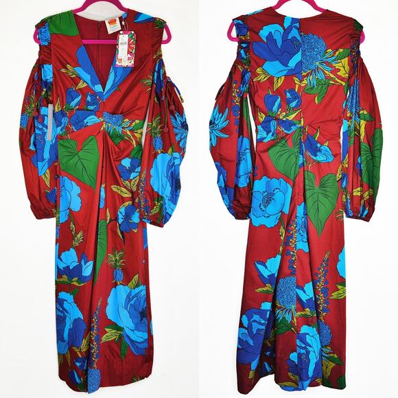 NWT Anthropologie Farm Rio Long Sleeve Floral V Neck Cut Out Midi Dress XXS - Picture 3 of 16